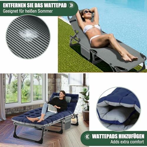 Verstellbare Liegestühle mit abnehmbarem Wattepad für Komfort.