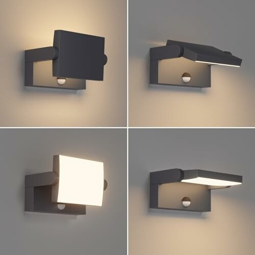 Vier verstellbare Wandleuchten in verschiedenen Positionen.