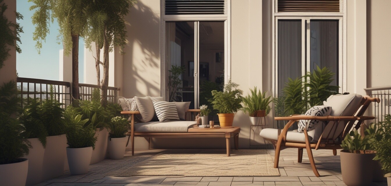 Stylish Balkon mit Möbeln und Pflanzen