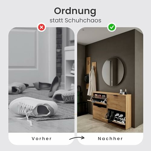 Vorher-Nachher-Vergleich von Schuhorganisation im Flur