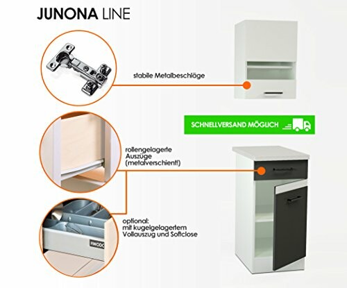 Küchenschränke mit stabilen Metallbeschlägen und rollengelagerten Auszügen.