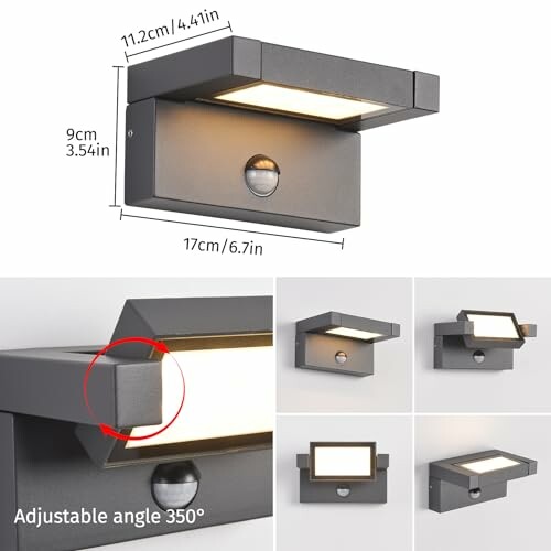 Moderne LED-Wandleuchte für den Außenbereich mit Bewegungsmelder und verstellbarem Winkel.