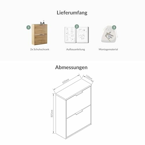 Lieferumfang und Abmessungen eines Schuhschranks.